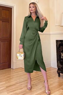 Платье-рубашка миди из атласа оливкового цвета AX Paris, зеленый