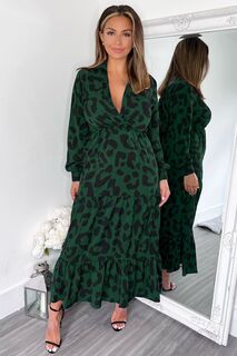 Свободное платье миди зеленого цвета с леопардовым принтом и длинными рукавами AX Paris, зеленый