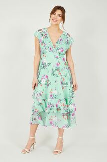 Каскадное платье миди с цветочным узором Yumi, зеленый