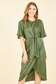 Атласное платье миди с завязками Yumi, зеленый
