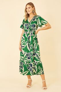 Платье миди и принтом из тропических листьев Yumi, зеленый