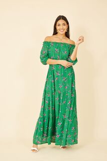 Платье макси с цветочным принтом вырезом бардо и длинными рукавами Yumi, зеленый