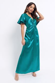 Атласное платье макси с короткими рукавами и V-образным вырезом VILA, зеленый