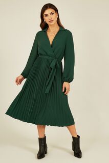 Плиссированное платье миди и длинными рукавами Mela, зеленый