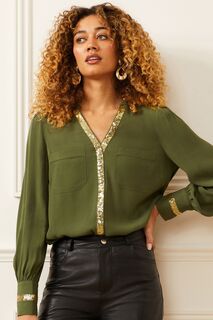 Блузка с длинными рукавами и V-образным вырезом украшенная пайетками Love &amp; Roses, зеленый