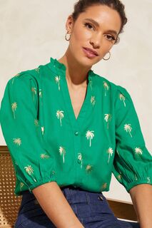 Блуза с рукавами 3/4 рюшами V-образным вырезом и застежкой на пуговицы Love &amp; Roses, зеленый
