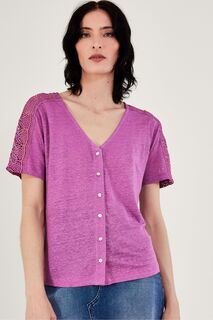 Фиолетовая льняная блузка с пуговицами и кружевом Monsoon, фиолетовый