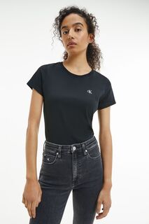 Черная женская джинсовая футболка приталенного кроя с вышитым мотивом Calvin Klein, черный