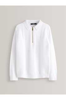 Рубашка-поло фактурного трикотажа с длинными рукавами и воротником на пуговицах Next, белый