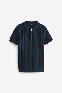 Текстурированная рубашка-поло с короткими рукавами и застежкой-молнией на шее Next, синий