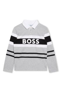 Серая рубашка-поло с длинными рукавами из джерси в стиле колор-блок с логотипом BOSS, серый