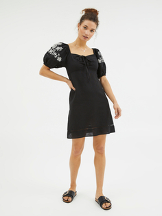 Черное мини-платье из смесовой льняной ткани с цветочной вышивкой George., черный