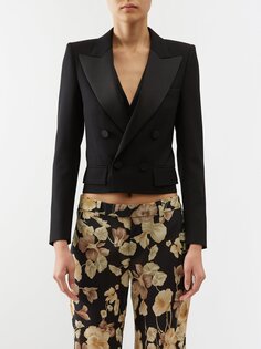 Укороченный креповый пиджак-смокинг с атласными лацканами Saint Laurent, черный