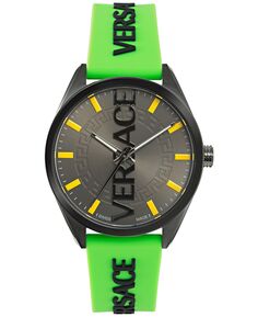 Мужские швейцарские часы с V-образным вертикальным зеленым силиконовым ремешком, 42 мм Versace