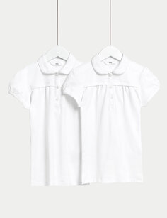2 пары хлопковых школьных рубашек-поло стандартного кроя для девочек (2–18 лет) Marks &amp; Spencer, белый