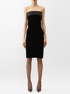 Бархатное платье без бретелек с атласными вставками Saint Laurent, черный