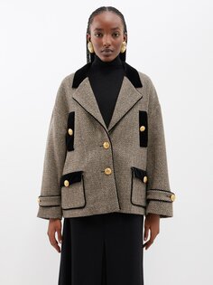 Пальто из смесовой шерсти с бархатной отделкой и узором «елочка» Gucci, серый