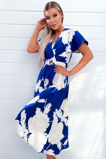Сине-кремовое платье миди с короткими рукавами и цветочным принтом и поясом AX Paris, синий