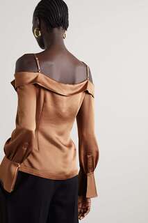 SIMKHAI атласная блузка Viktoria с открытыми плечами и перекрученным передом, коричневый