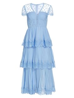 Многоярусное плиссированное шифоновое платье-миди Self-Portrait, синий