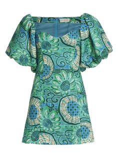 Льняное мини-платье Dali с геометрическим рисунком и пышными рукавами RHODE, аква