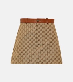 Мини-юбка из парусины с кожаной отделкой GG GUCCI, коричневый