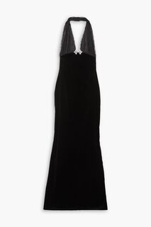 Платье из эластичного бархата и кордового кружева, украшенное кристаллами, с вырезом халтер. ALESSANDRA RICH, черный