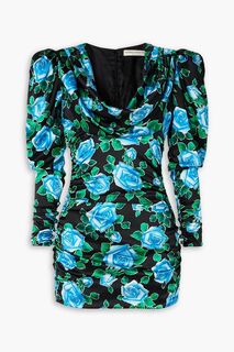 Платье мини из шелкового атласа с драпировкой и цветочным принтом ALESSANDRA RICH, синий