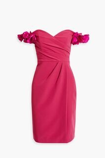 Мини-платье из эластичного крепа с открытыми плечами и цветочной аппликацией MARCHESA NOTTE, фуксия