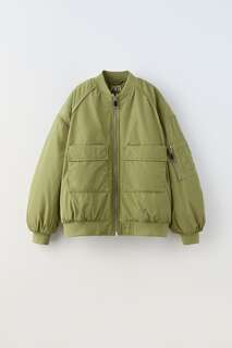 Куртка-бомбер с карманами Zara, зеленый