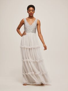 Многоярусное платье макси с лифом и пайетками из кружева и бисера, серый Lace & Beads