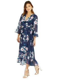 Yumi Платье миди с глубоким подолом и акварельным цветочным принтом, Темно-синий
