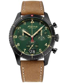 Мужские швейцарские часы-хронограф Startimer Pilot с коричневым кожаным ремешком, 44 мм Alpina