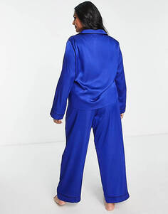 Атласная пижама из рубашки и брюк с контрастной окантовкой ASOS DESIGN Curve насыщенного синего цвета