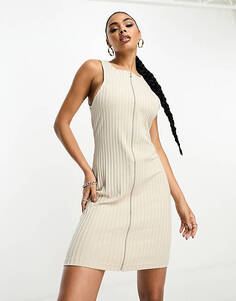 Бежевое платье мини в рубчик на молнии спереди Calvin Klein
