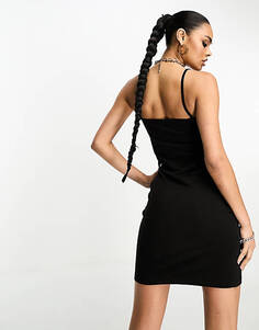 Черное платье мини на бретельках и логотипе Calvin Klein