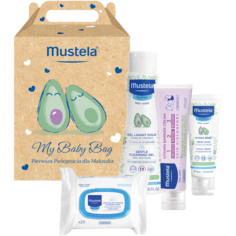 Mustela My Baby Bag набор: гель для мытья тела и волос, 200 мл + крем для лица, 40 мл + крем для переодевания, 50 мл + очищающие салфетки, 25 шт./1 уп.