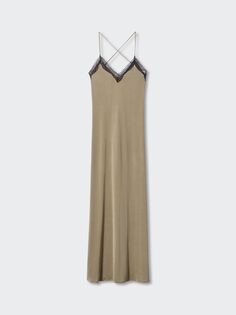 Платье-комбинация макси с кружевной отделкой Mango Alma, средне-коричневый
