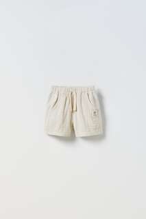 Контрастные шорты-бермуды из плюшевой ткани Zara, экрю