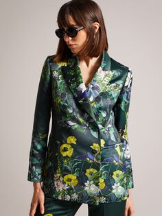 Двубортный атласный пиджак с цветочным принтом Ted Baker Aikaa, темно-зеленый