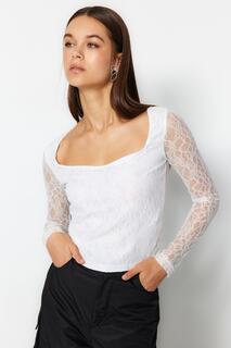Блузка Trendyol укороченная с квадратным вырезом и длинными рукавами, белый