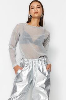 Блузка Trendyol трикотажная с круглым вырезом и люрексом, серый