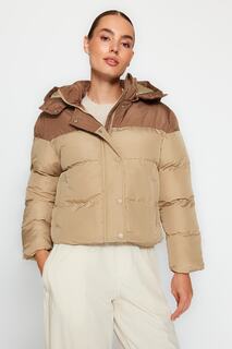 Куртка-пуховик Trendyol водоотталкивающая с капюшоном, бежевый/коричневый