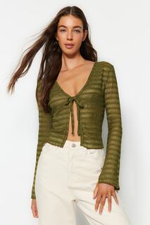 Блузка Trendyol эластичная с детальной текстурой и V-образным вырезом, темно-зеленый