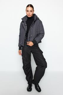 Куртка-пуховик Trendyol оверсайз водоотталкивающая стеганая с капюшоном, серый
