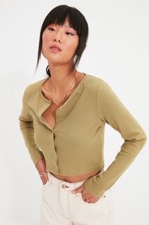 Блузка Trendyol приталенная с укороченными круглым вырезом, темно-зеленый
