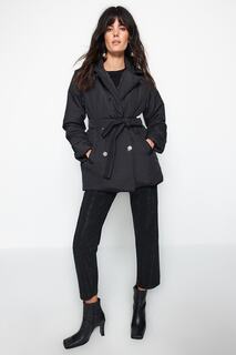 Куртка-пуховик Trendyol оверсайз водоотталкивающая стеганая с поясом и каменными пуговицами, черный