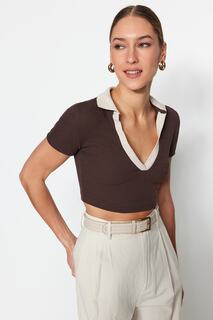 Блузка Trendyol приталенная эластичная в рубчик с воротником-поло, коричневый