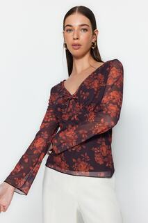 Блузка Trendyol эластичная трикотажная с длинными рукавами и v-образным вырезом, коричневый