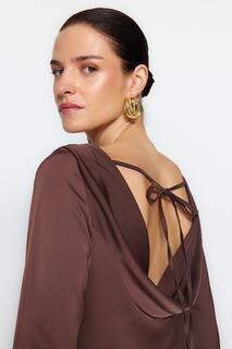 Блузка Trendyol атласная с детальной плетеной спинкой, коричневый